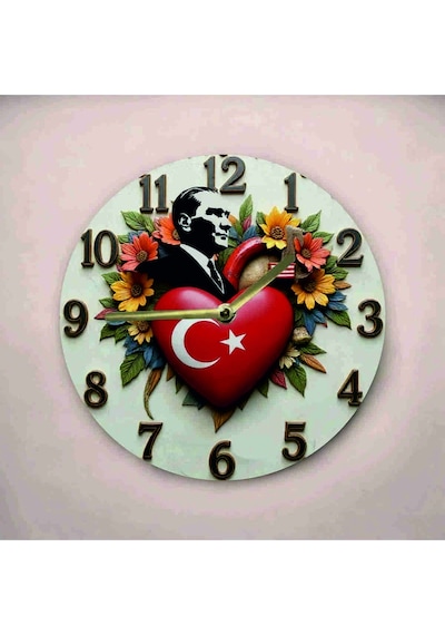 AA Shop Atatürk Kalp Bayrak Renkli Baskı Desenli Sayılı Hediyelik Ahşap Sessiz Tablo Duvar Saati 746 Çok Renkli