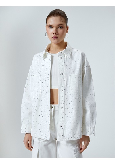 Koton Oversize Taşlı Gömlek Ceket Ekstra Uzun Cepli Beyaz 4sal50005md Beyaz