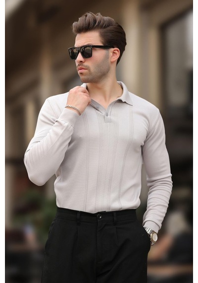 Madmext Gri Polo Yaka Çizgili Erkek Triko Kazak 7265 Gri
