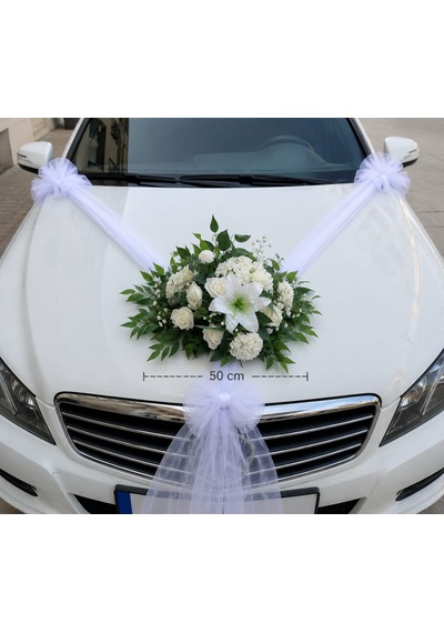 50 Cm Vantuzlu Gelin Arabası Süsü Beyaz Lilyum Ve Güllü 2 Metre Beyaz Tül Dahil Düğün Arabası Kaput Süsü Çok Renkli