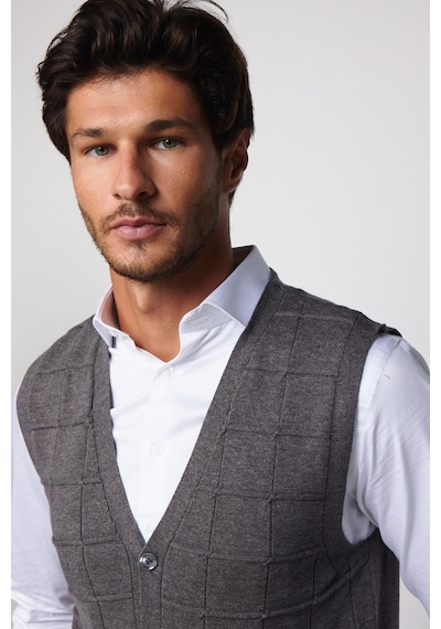 Tudors Slim Fit Kare Desenli Gri Erkek Yelek-29710-Gri