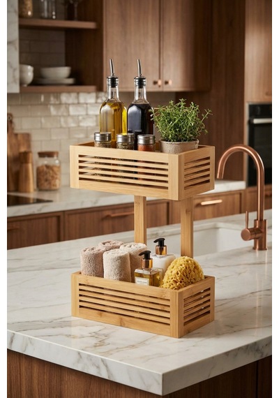Makri Home Bambu 2 Katlı Mutfak & Banyo, Mutfak Düzenleyici Organizer Bej