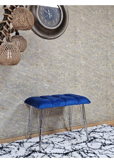 Zafir Metal Krom Tel Ayaklı 60 Cm Puf Bench - Puf - Bench - Oturak - Mutfak Oturağı - Antre Oturağı Mavi