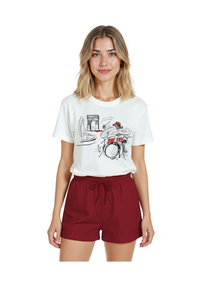 Kadın Beyaz Relaxed Fit %100 Pamuk Tişört Çizgisel Davulcu & Şe Beyaz