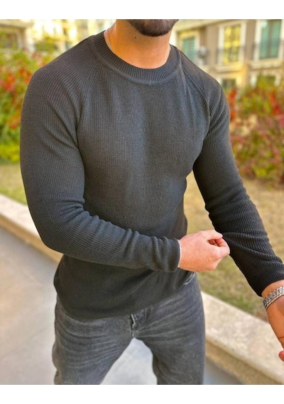 Kazak Slim Fit Naturel Örme Pamuk Bisiklet Yaka Tüylenmeyen Triko Dar Kesim Body Kazak Ekru