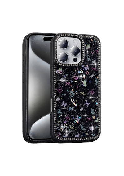 Apple Uyumlu iPhone 16 Pro Kılıf Taşlı Ve Simli Tasarım Mkst Azra Kapak - Siyah Siyah