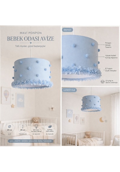 Bebek Odası Avize 30x20 Cm El Yapımı Çiçek Detaylı Tasarım Avize Mavi