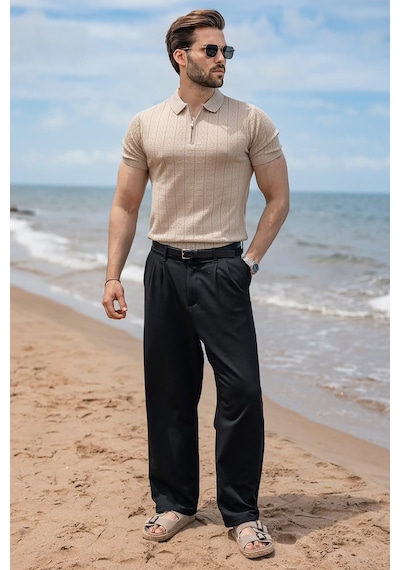 Madmext Taş Rengi Regular Fit Polo Yaka Triko Erkek Tişört E7503
