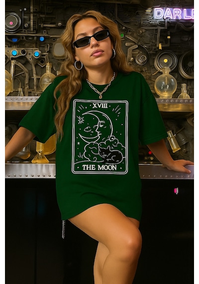The Moon Baskılı Oversize Unisex Tişört Yeşil
