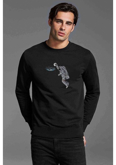 Astronot Smaç Baskılı Siyah Erkek Örme Sweatshirt