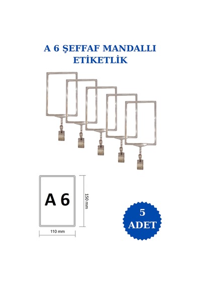 5 Adet Şeffaf A6 Mandallı Raf Sepet Etiketi Çerçeveli Etiketlik Şeffaf