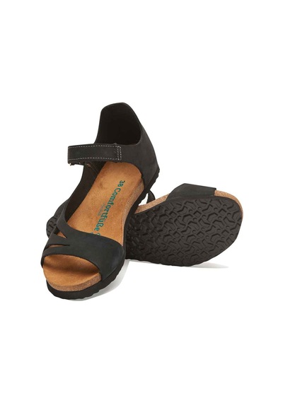 Comfortfusse Daisy - Kadın Ortopedik Hakiki Deri Sandalet Siyah Nubuk Deri