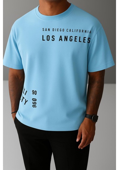 Los Angeles Baskılı Unisex Oversize Tişört Bebe Mavisi
