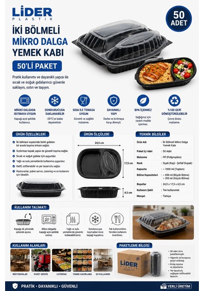 Ankara Lider İki Bölmeli Mikro Dalga Yemek Kabı 50'li