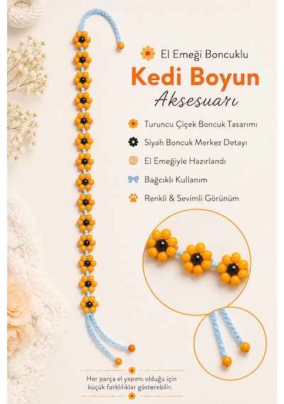 El Yapımı Boncuklu Kedi Boyun Aksesuarı Turuncu Çiçekli Bağcıklı Dekoratif Kedi Tasması