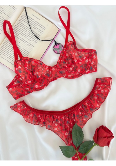 Arinda Butterfly Kırmızı Tül Çiçek Desenli Balenli Kapsız Fırfırlı Bralette Sütyen Tanga İç Çamaşırı Takımı Alt Üst 2 Parça