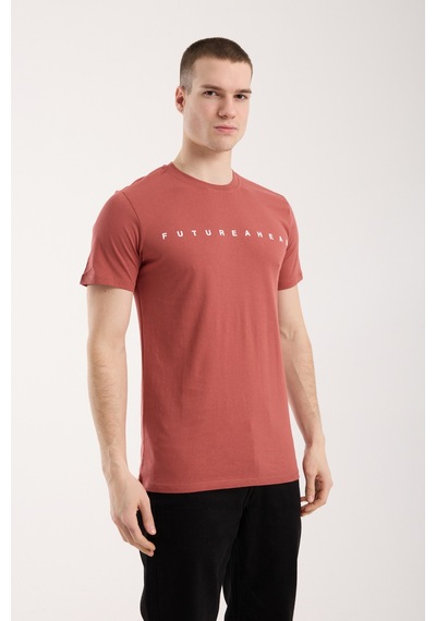 Maximodena Erkek Minimal Yazı Detaylı Günlük T-shirt - Kiremit