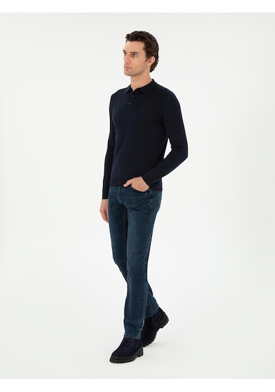 Cacharel Lacivert Slim Fit Yün Karışımlı Polo Yaka Basic Triko Kazak