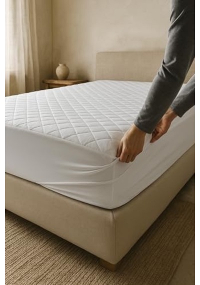 Yatak Alezi Pamuklu Kapitone Fitted Full Kenar Yatak Koruyucu Beyaz 120 X 200 Açık Indigo