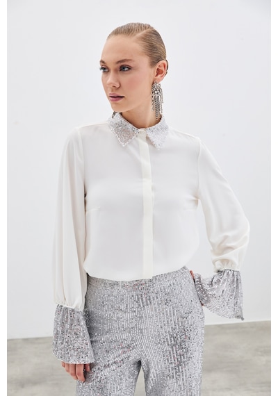 Sateen Payet Detaylı Gömlek - Ekru