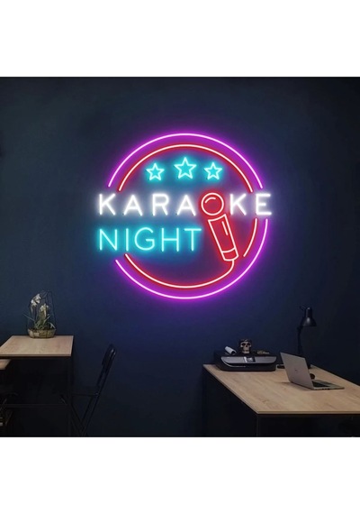 Karaoke Nıght Yazılı Ve Şekilli Neon Tabela Mavi