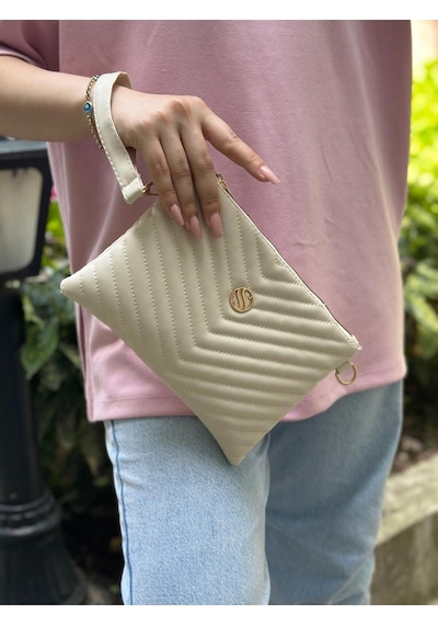Kadın Suni Deri Krem Renkli Ayarlanabilir Çapraz Ve El Askılı Portföy, Clutch Çanta Krem