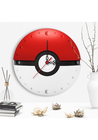 Dekoratif Pokemon Ball Tasarımlı Ahşap Duvar Saati - 1 Çok Renkli