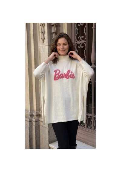 Onno Style Women Barbie Nakışlı Yırtmaçlı Triko Kadın Panço Beyaz