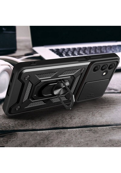 Zore Galaxy Uyumlu A15 Kılıf Magnetik Standlı Kamera Korumalı Sürgülü Vega Kapak - Siyah Siyah