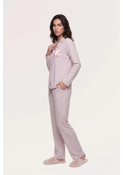 Angbutik Pjs 30145 Kadın Uzun Kol Çizgili Pijama Takımı Pudra