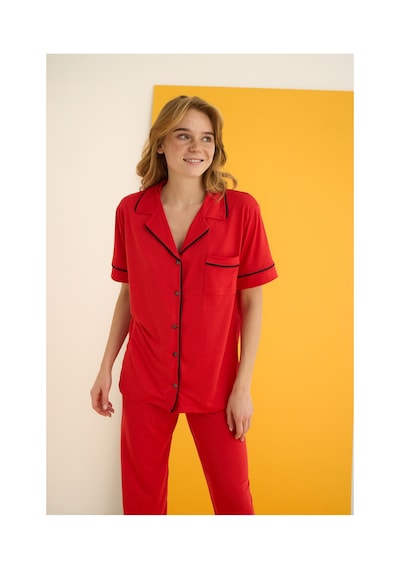 Elitol Viskon Düğmeli Pijama Takımı Kırmızı-9