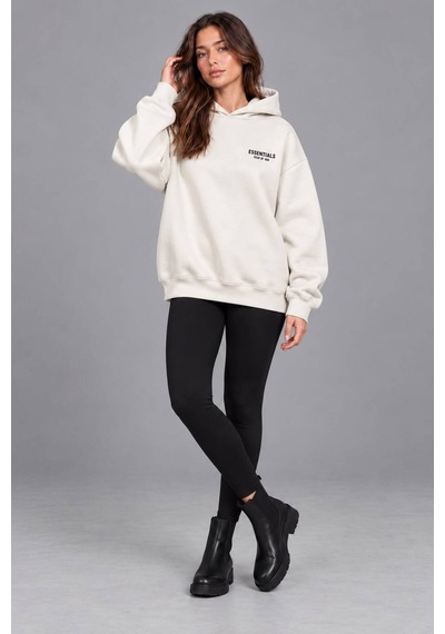 Genel Markalar Unisex Oversize Pikeli Double Face Kapüşonlu Sweatshirt Ekru