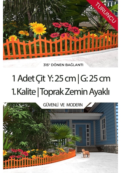 Dekoratif Plastik Bahçe Çiti Ve Peyzaj Çiti 1 Adet Çit Y: 25 Cm / G: 25 Cm Toprak Ayaklı - Turuncu