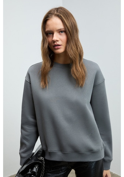 Grimelange Vaneltına Kadın Organik Pamuklu Yumuşacık İçi Polarlı Yuvarlak Yakalı Gri Sweatshirt Gri