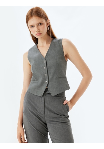 Koton Blazer Yelek Düğmeli V Yaka Slim Fit Gri 5wak20042uw Gri