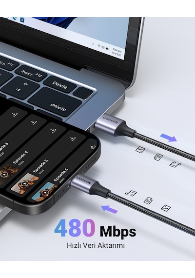 Ugreen Usb-c - Usb-a 3a Qc Örgülü Hızlı Şarj Kablosu, 1 M, Siyah, 60126