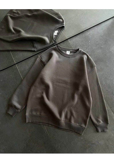 Primemagazam Kadın Bisiklet Yaka 3 İplik Pamuklu Basic Sweatshirt - Füme Çeşitli