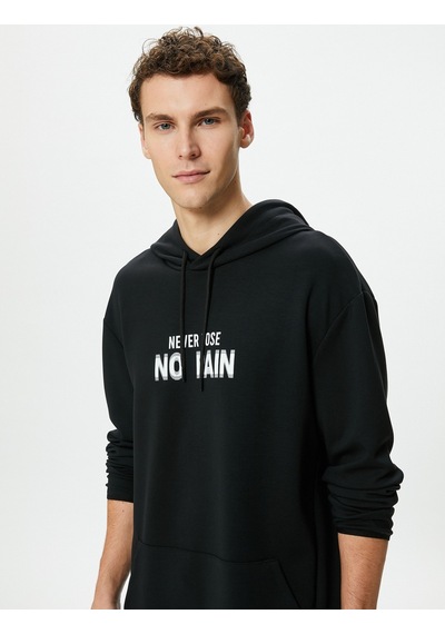 Koton Oversize Hoodie Kanguru Cepli Slogan Baskılı Uzun Kollu Siyah 4wam70046nk Siyah