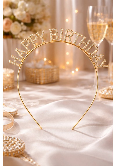 Taç Metal Taşlı Happy Birthday Gold Doğum Günü Tacı Kadın Kız Çocuk Parti Aksesuarı