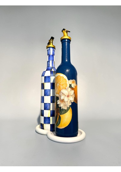 750 Ml Yeni Mavi Limon Ve Dama Desenli 2 Li Cam Yağdanlık Seti Gold Başlıklı Taş Sunum Standlı Dekoratif Tarz Lacivert
