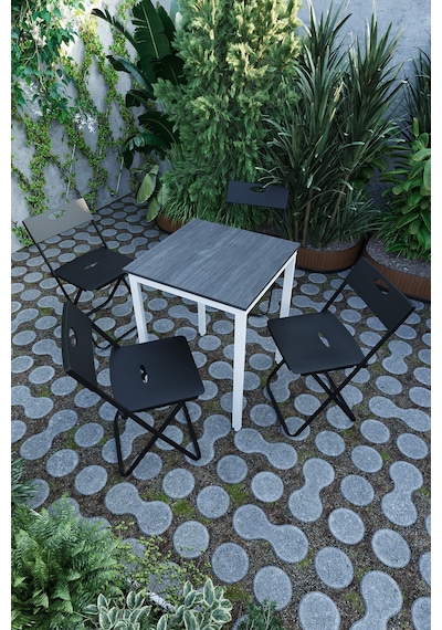 Balkon Bahçe Mutfak 5'li Bistro Set Masa Sandalye Takımı Siyah - Beyaz
