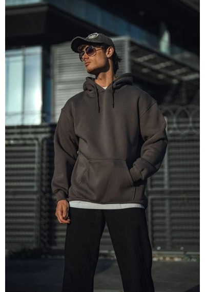Mbb E-ticaret Erkek 3 İplik Pamuklu Kapüşonlu Basic Sweatshirt Hoodie - Füme