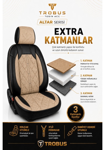 Fiat Egea Sedan 2014+ Uyumlu Altar Serisi Tay Tüyü Bej Siyah Premium Koltuk Kılıfı