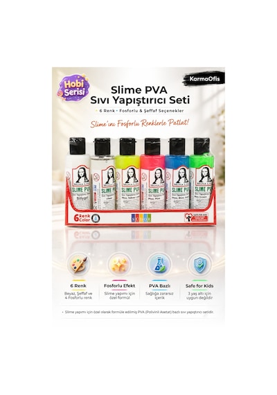 Slime Pva Sıvı Yapıştırıcı Seti 6 Lı Fosforlu & Şeffaf Renkler Çocuklar İçin Güvenli