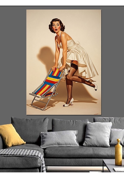 Ahşap Tablo Plaj Sandalyeli Retro Güzel Kadın
