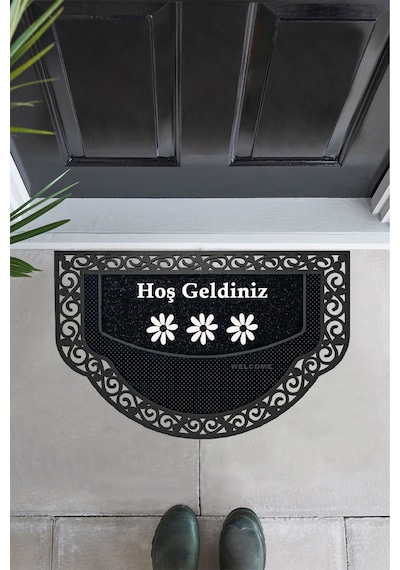 Yarım Ay Modeli Hoş Geldiniz Yazlı Çiçek Desenli Kapı Önü Paspası Siyah