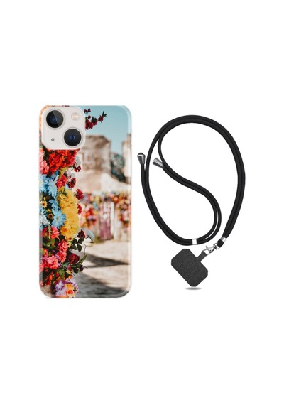 Apple iPhone Uyumlu Iphone 13 Kılıf Silikon Ipli Boyun Askılı Desenli Gerçek Çiçekler 1743