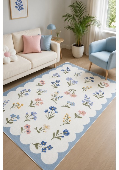 Renkli Floral Desen Mavi Çerçeveli Baskılı Kaymaz Yıkanabilir Salon Oturma Odası Mutfak Balkon Halısı Yolluk