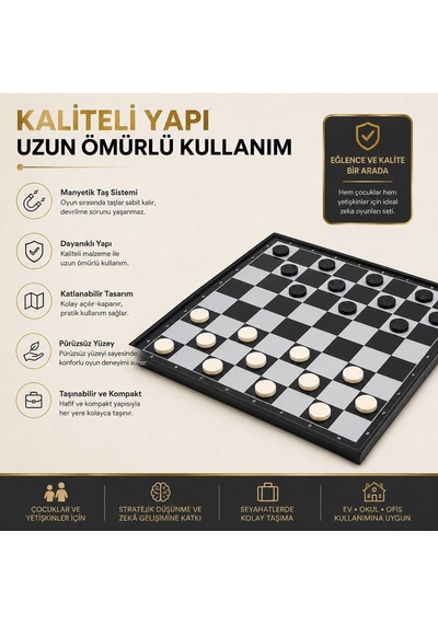 Manyetik Satranç Dama Tavla 3'lü Set 32 Cm Katlanabilir Taşınabilir Zeka Oyunu Eğitici Oyun