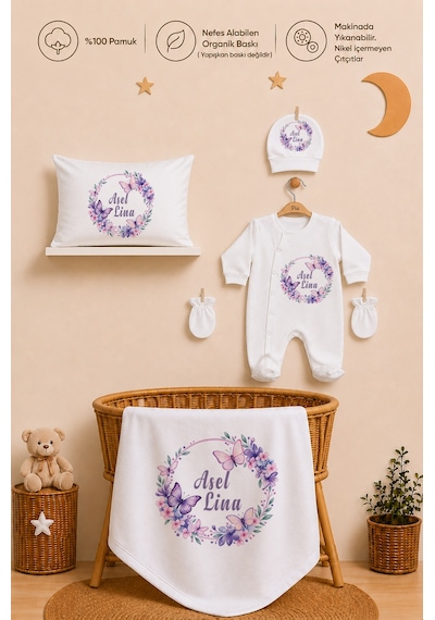 Pia Baby Kız Bebek Hastane Çıkışı 5 Parça Tulum Seti %100 Pamuk İsme Özel Organik Baskılı 1018tyb0x Ekru